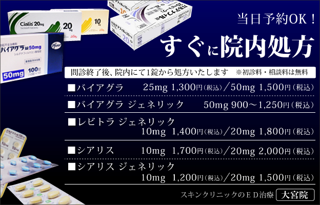 予約不要！すぐに院内処方。問診終了後、院内にて1粒から処方いたします。バイアグラ、レビトラ、シアリス。 